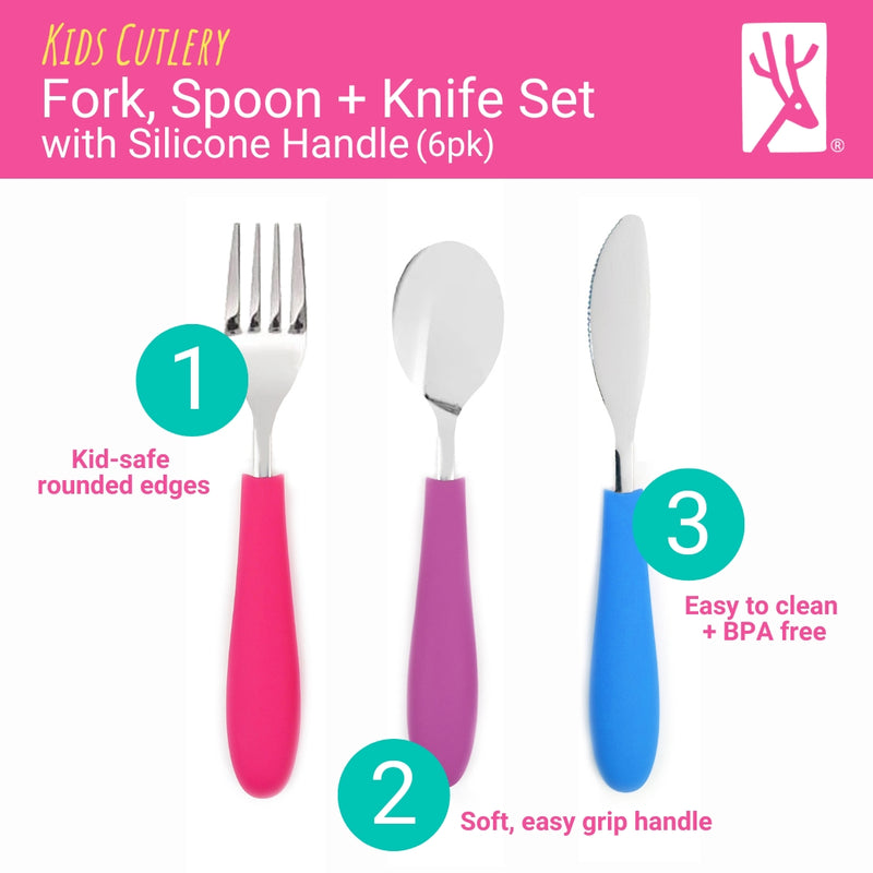 Kids Stainless Steel Spoon + Fork + Knife with Silicone Handle (4 years+) | 6 pieces