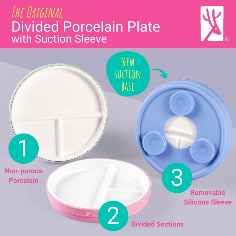 6.7"/16cm Porcelain White Divided Plates with Silicone Suction Sleeves