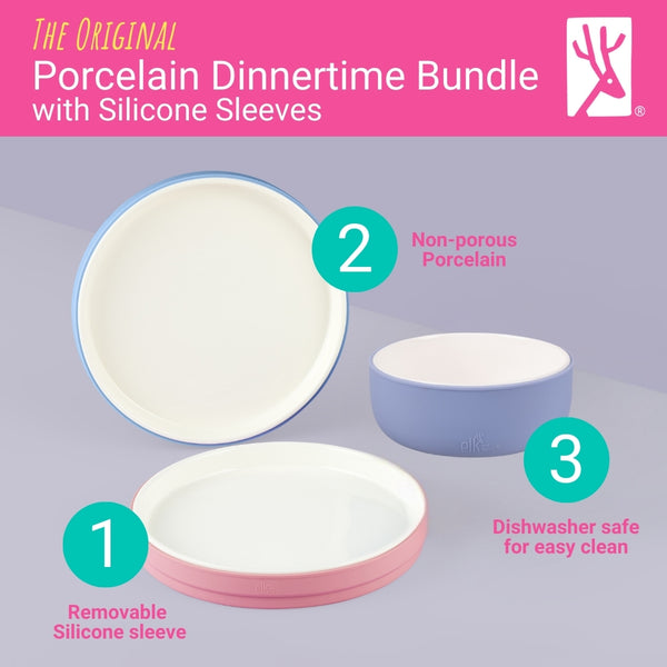 Kids Porcelain Mealtime Bundle | Normal Sleeves | 7.8" Plates + Bowls | 8 Pcs | Blush/Lilac/Sage/Misty Blue