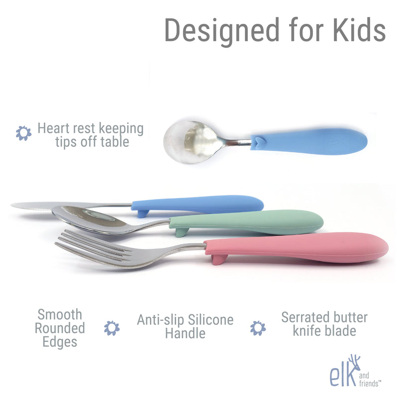Kids Stainless Steel Spoon + Fork + Knife with Silicone Handle (4 year –  Elk and Friends