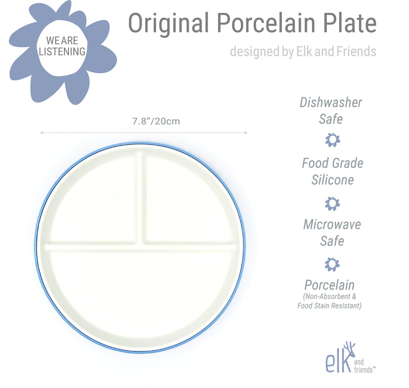  Elk and Friends Kids 7.8” Porcelain White Plates with Silicone  Sleeves, Divided Plates, Suitable for Kids/Toddlers, Microwave &  Dishwasher Safe, Non Slip