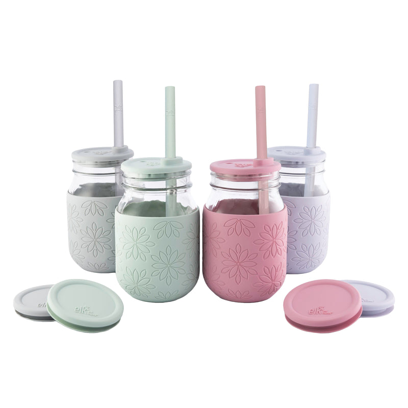 Pinkrella Mason Drinking Jars - Glass Mugs WITHOUT handle 4 pack, Mason  Jars With Sealed & Straw Lids, Glass Straws, & Cleaning Brush, Drinking
