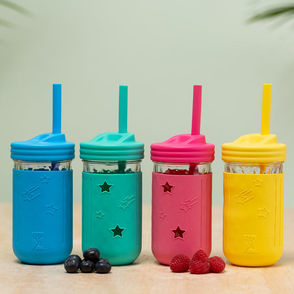 ELK and FRIENDS Eco Kids Glass & Silicon Tumblers Lids Straws Set of 3 New