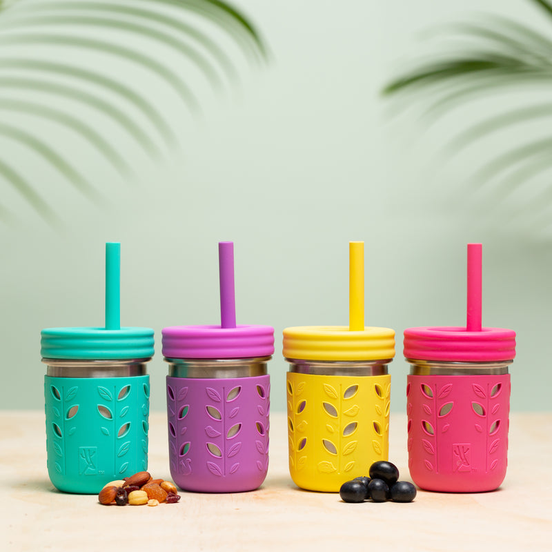 Elk and Friends Kids & Toddler Cups, The Original Glass Mason jars 8 oz  with Silicone Sleeves & Silicone Straws with Stoppers, Smoothie Cups