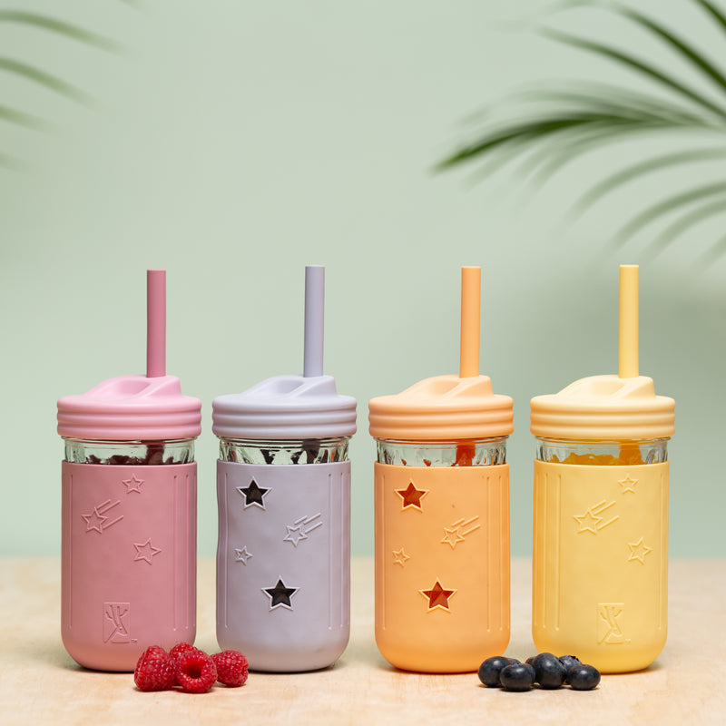Kids & Toddler Glass Cups with Silicone Sleeves & Straws (4pack