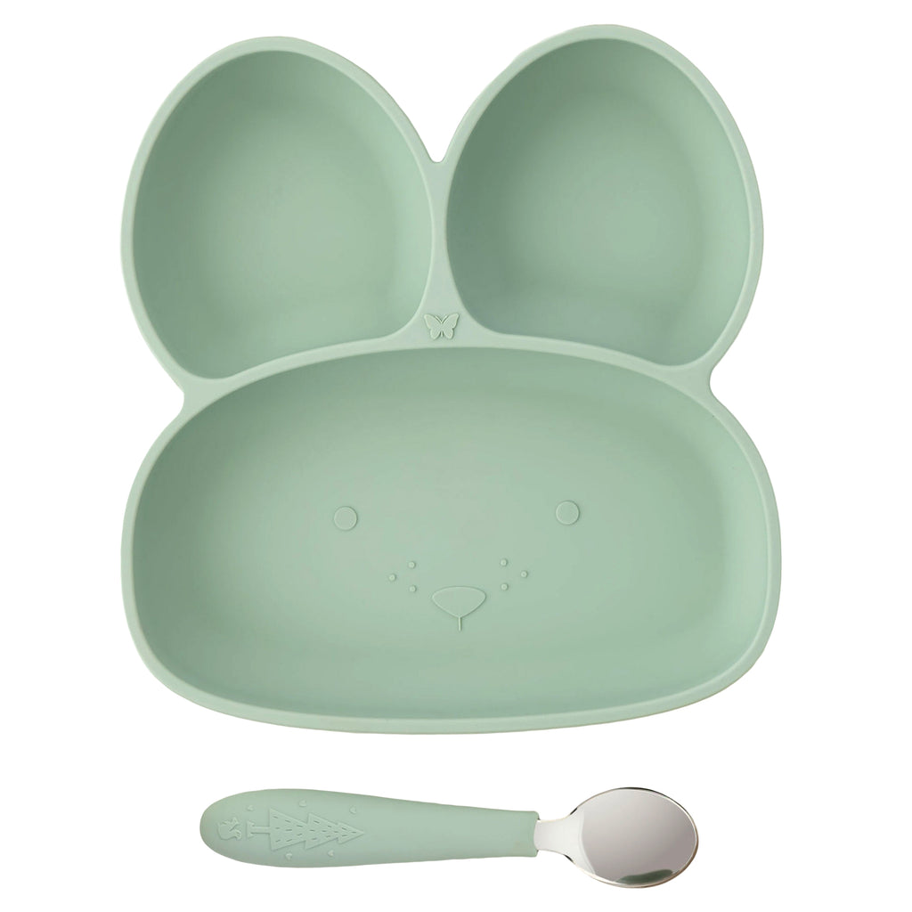 Elk and Friends Silicone Suction Plate for Babies/Toddlers + Stainless  Steel Silverware Feeding Set, Divided Plate, Suction Design, Forks +  Spoons Included