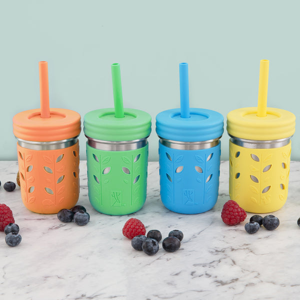 Elk and Friends Kids & Toddler Cups, The Original Glass Mason jars 8 oz  with Silicone Sleeves & Silicone Straws with Stoppers, Smoothie Cups, Spill Proof Sip…