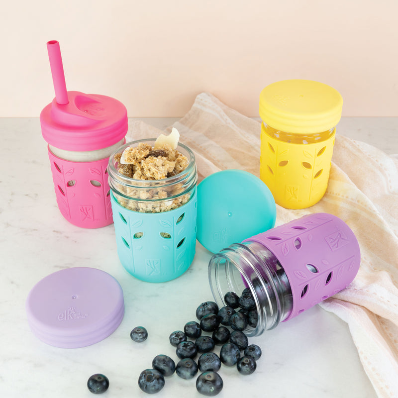 Elk and Friends Kids & Toddler Cups | The Original Glass Mason jars 8 oz  with Silicone Straws with Stoppers | Smoothie Cups | Spill Proof Sippy Cups