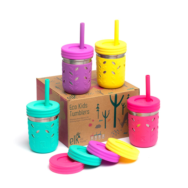 Buy Elk and Friends Kids & Toddler Cups, The Original Glass Mason jars 8  oz with Silicone Sleeves & Silicone Straws with Stoppers, Smoothie Cups