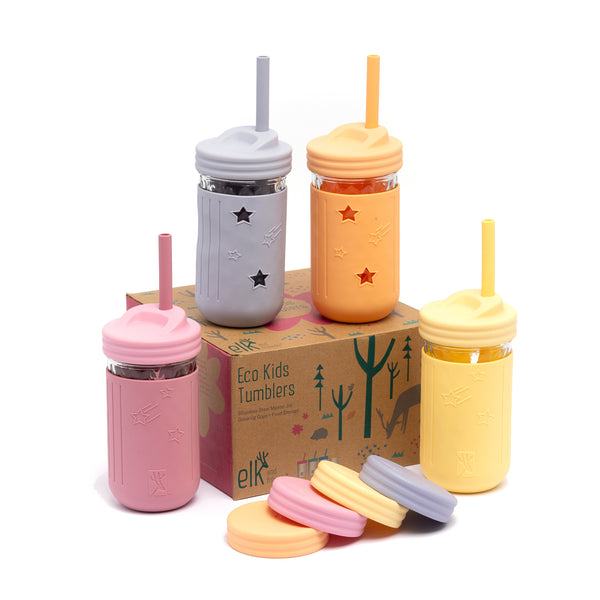 Elk and Friends Kids Cups/Toddler cups with Straws - Glass Mason Jars 8 oz  with Silicone Sleeves & Straws + Straw & Leakproof Lids - Spill Proof cups  for Kids, …